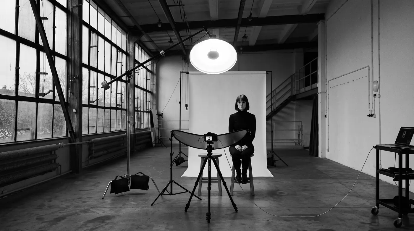 Plan: beauty dish nad obiektywem, blenda pod twarzą